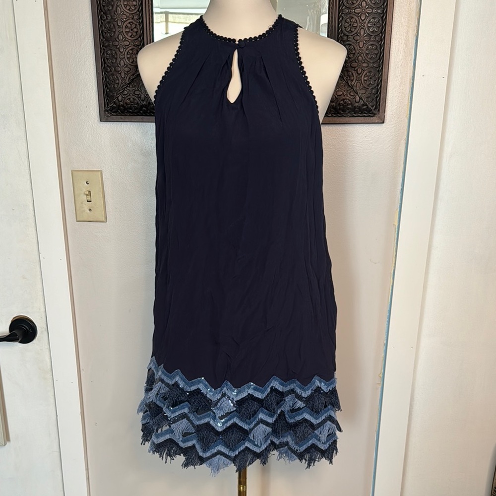 Maeve Navy Sleeveless Dress with Fringe Detail
